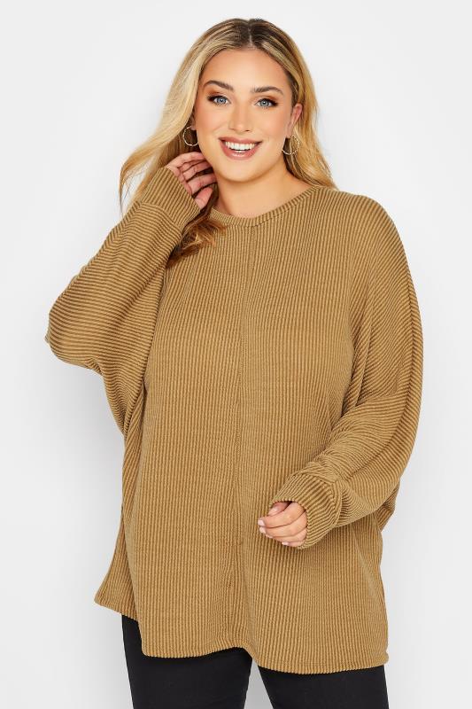 Plus Size Beige Brown Ribbed Soft Touch Top | Yours Clothing 1