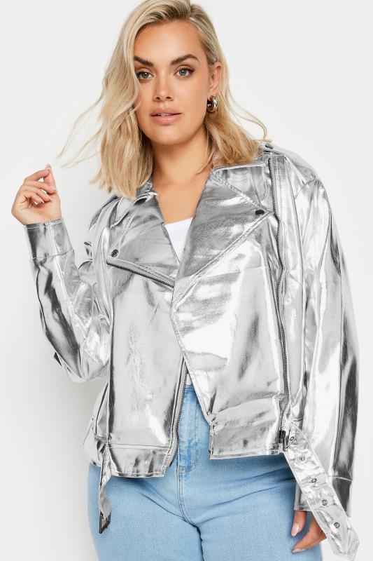LIMITED COLLECTION Plus Size Silver Metallic Biker Jacket | Yours Clothing 5