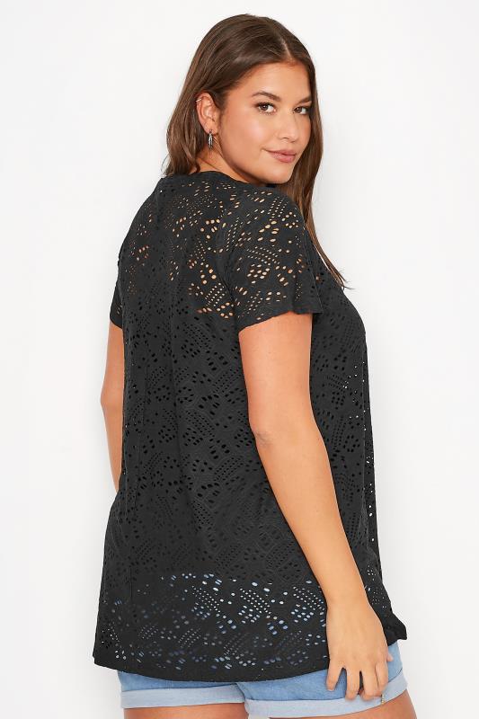 Plus Size Black Broderie Anglaise Swing T-Shirt | Yours Clothing 3