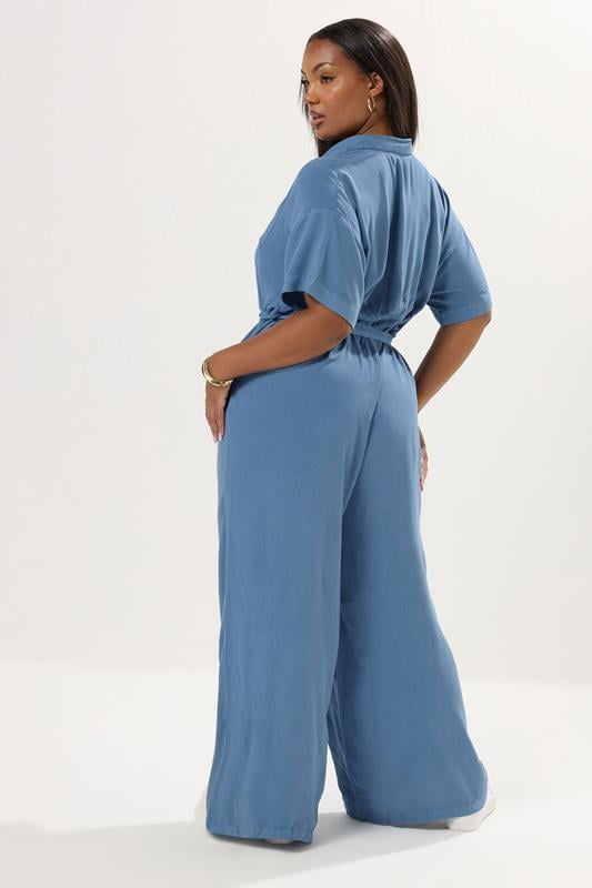 YOURS Plus Size Blue Wide Leg Chambray Jumpsuit | Yours Clothing 2