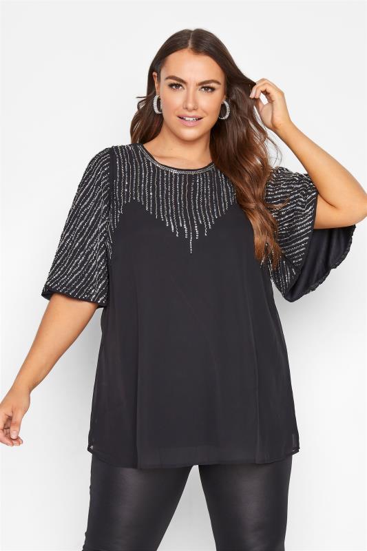 Plus Size LUXE Black Hand Embellished Sweetheart Blouse | Yours Clothing 5