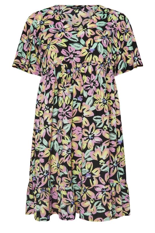 YOURS Plus Size Black & Pink Floral Print Smock Dress | Yours Clothing 6
