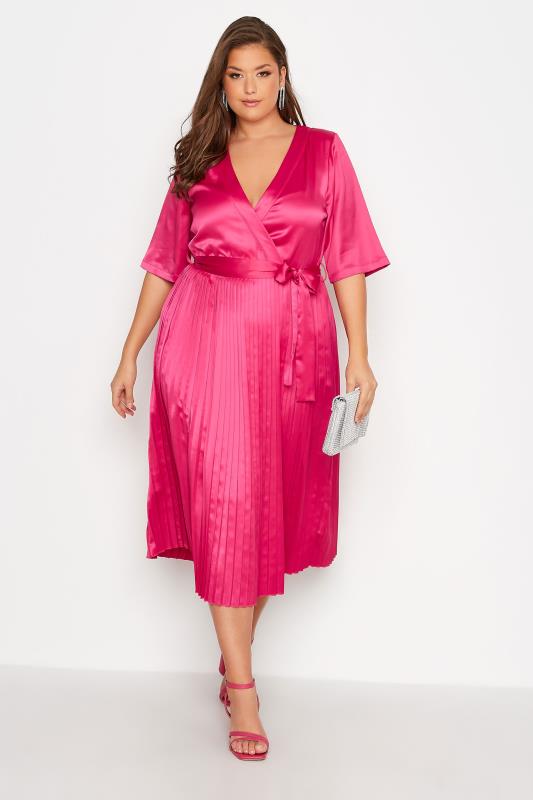 YOURS LONDON Plus Size Pink Satin Pleated Wrap Dress | Yours Clothing 2