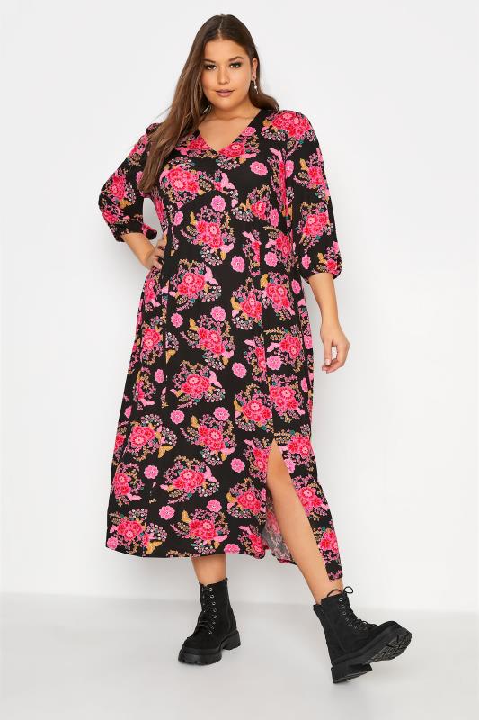 Plus Size  YOURS LONDON Black & Pink Floral Side Split Maxi Dress
