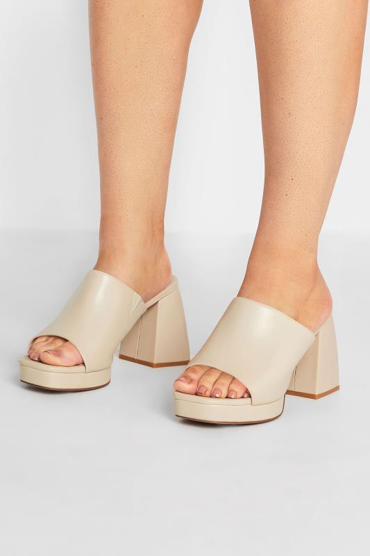 LIMITED COLLECTION Cream Platform Block Mule Sandal Heels In Wide E Fit | Yours Clothing  1