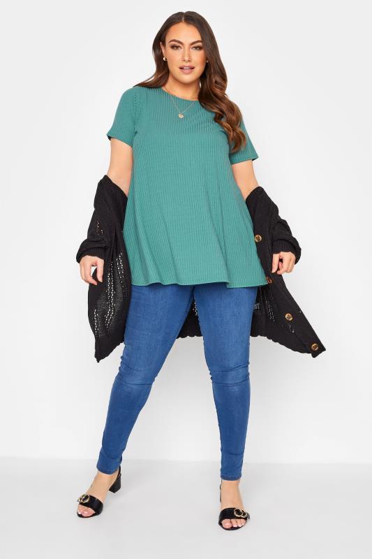 Plus Size Sage Green Ribbed Swing Top | Yours Clothing 2