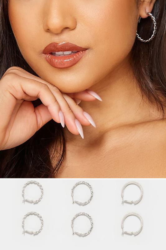 3 PACK Silver Twisted Hoop Earrings | Yours Clothing 1