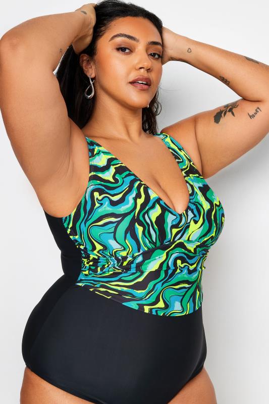 YOURS Plus Size Black Abstract Contrast Plunge Swimsuit | Yours Clothing 5
