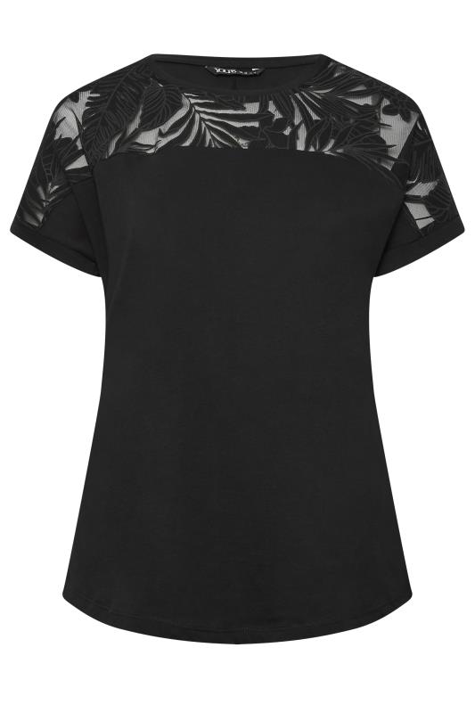 YOURS Plus Size Black Floral Mesh Panel T-Shirt | Yours Clothing 6