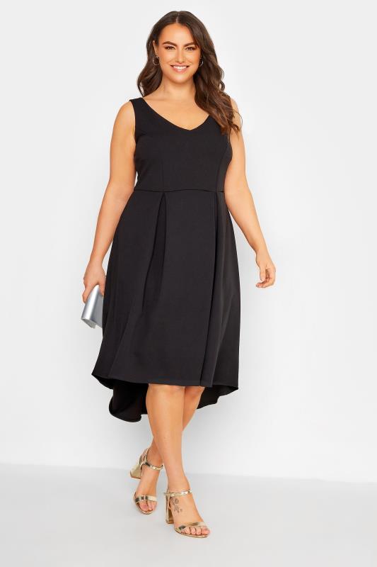 YOURS LONDON Plus Size Black High Low Pleated Midi Dress | Yours Clothing 1