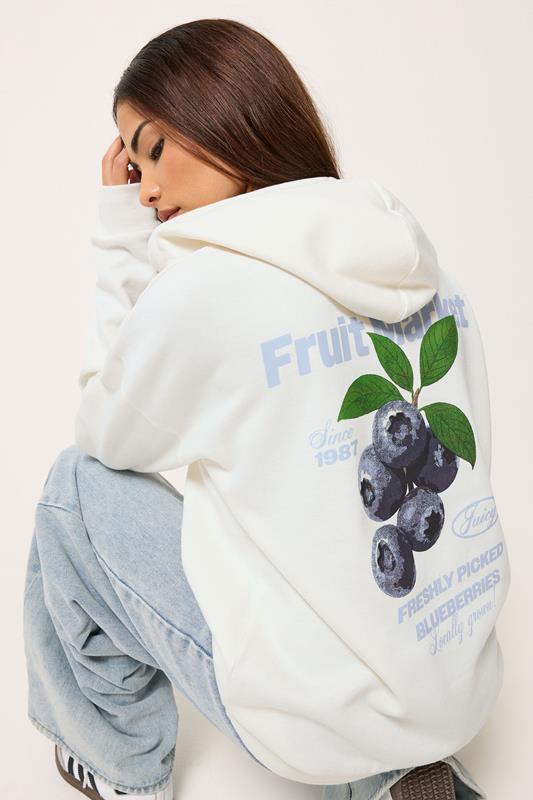 PixieGirl Petite Women's Ivory White 'Fruit Market' Slogan Oversized Hoodie | PixieGirl 1