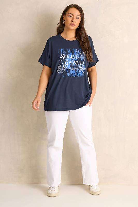 EVANS Plus Size Navy Blue 'Soleil & Mar' Slogan Print T-Shirt | Evans 2
