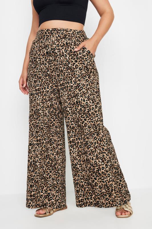 YOURS Plus Size Brown Leopard Print Crinkle Trousers | Yours Clothing 2