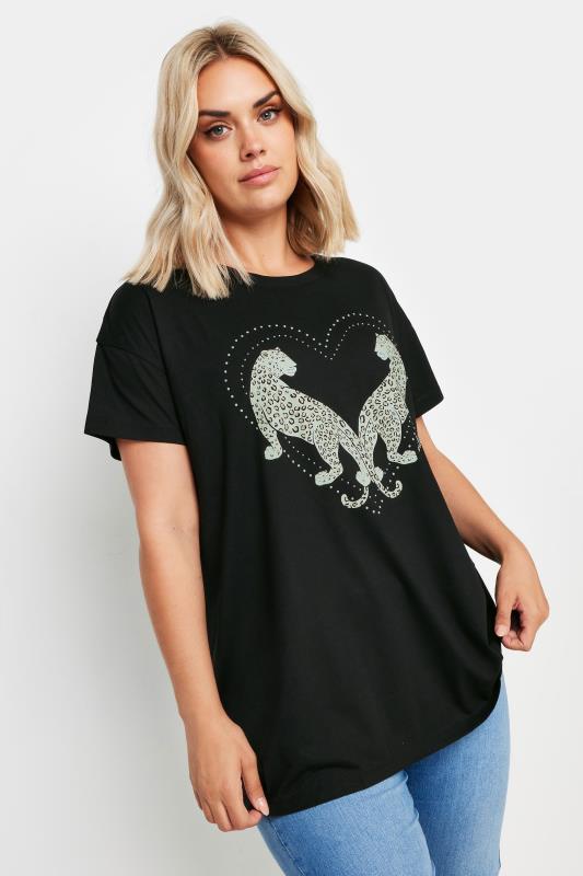 YOURS Plus Size Black Stud Leopard Print T-Shirt | Yours Clothing  1