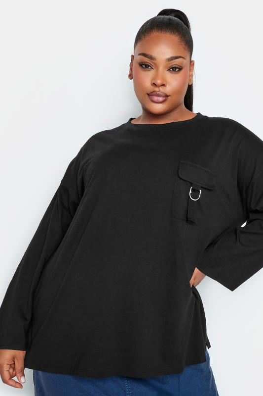LIMITED COLLECTION Plus Size Black Utility Pocket Long Sleeve T-Shirt |  Yours Clothing
