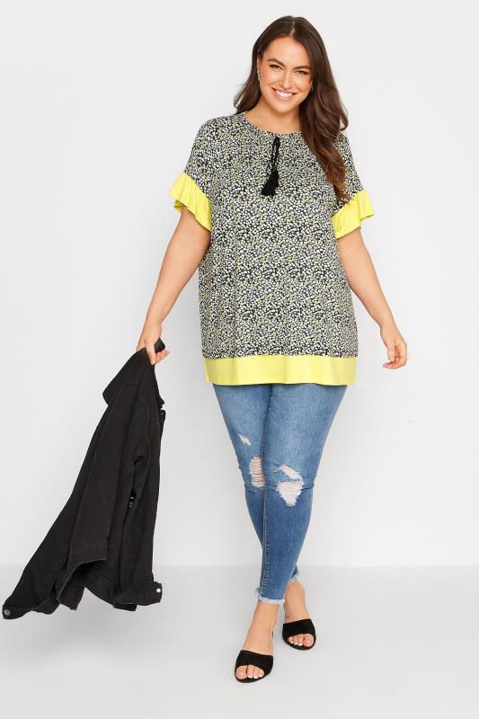 Curve Yellow Ditsy Print Contrast Trim Tunic Top 2