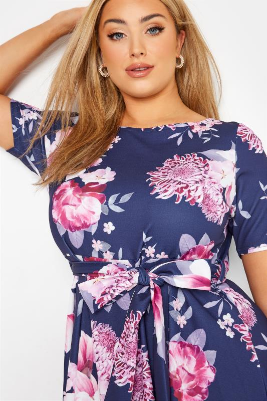 YOURS LONDON Plus Size Navy Blue Floral Print Midi Skater Dress | Yours Clothing 4