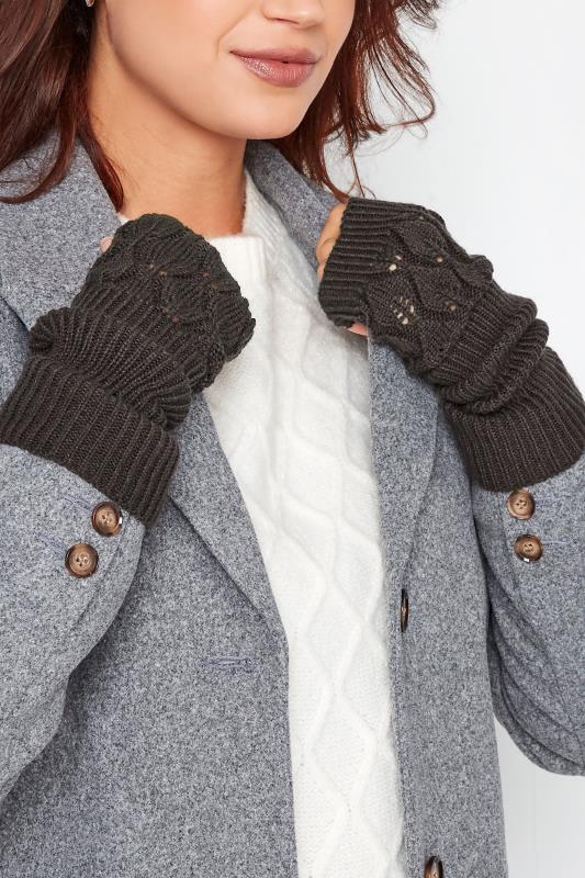 Charcoal Grey Leaf Knitted Hand Warmer Gloves | Yours Clothing 1