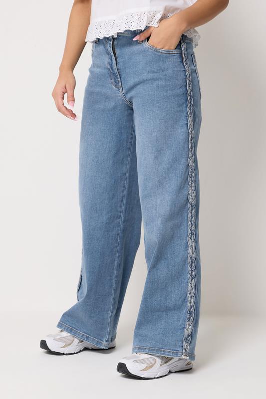 PixieGirl Petite Women's Mid Blue Plait Detail Wide Leg Jeans | PixieGirl 1