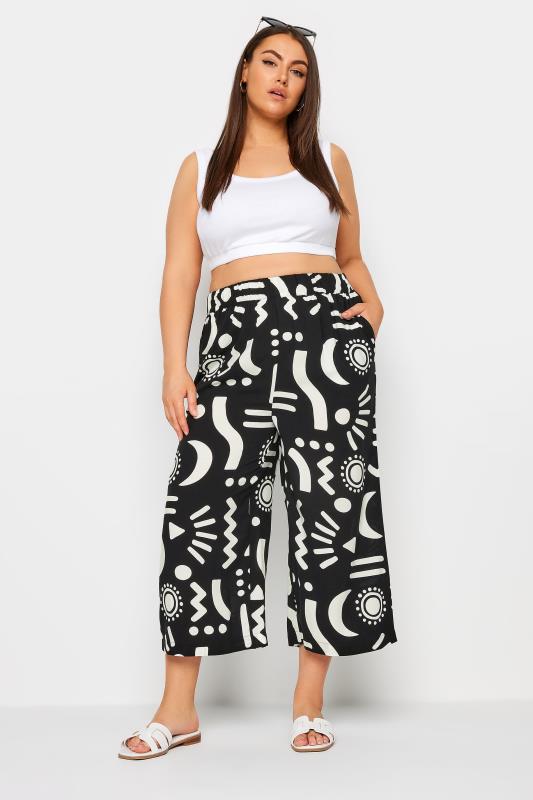 YOURS Plus Size Black Abstract Print Wide Leg Cropped Trousers | Yours Clothing 2
