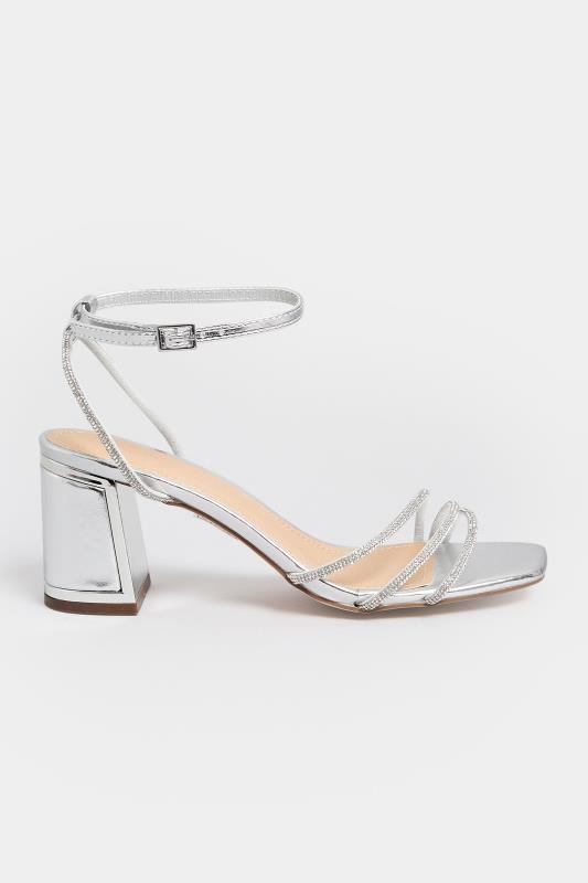 PixieGirl Silver Diamante Strap Mid Block Heel Sandals In Standard Fit | PixieGirl 3