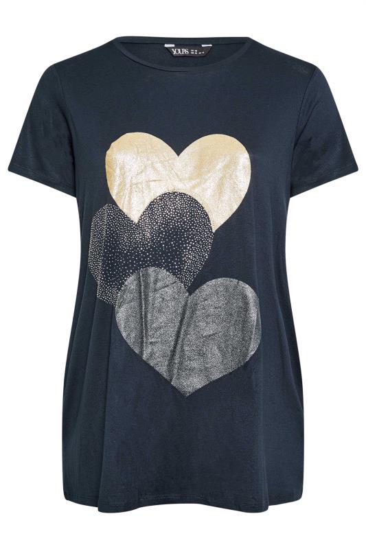 YOURS Curve Plus Size Navy Blue Glitter Heart Print T-Shirt | Yours Clothing  5