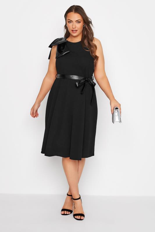 YOURS LONDON Plus Size Black Leather Look Bow Shoulder Midi Skater Dress | Yours Clothing 2