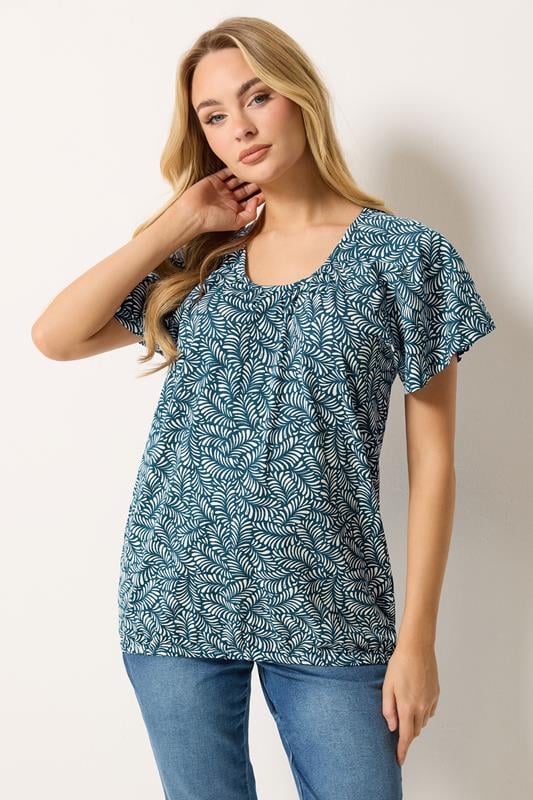  M&Co camiseta de algodón con escote redondo y estampado de hojas azul marino