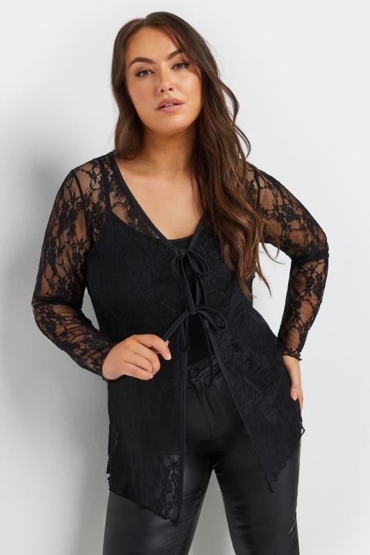 Plus Size  LIMITED COLLECTION Curve Black Lace Tie Front Top