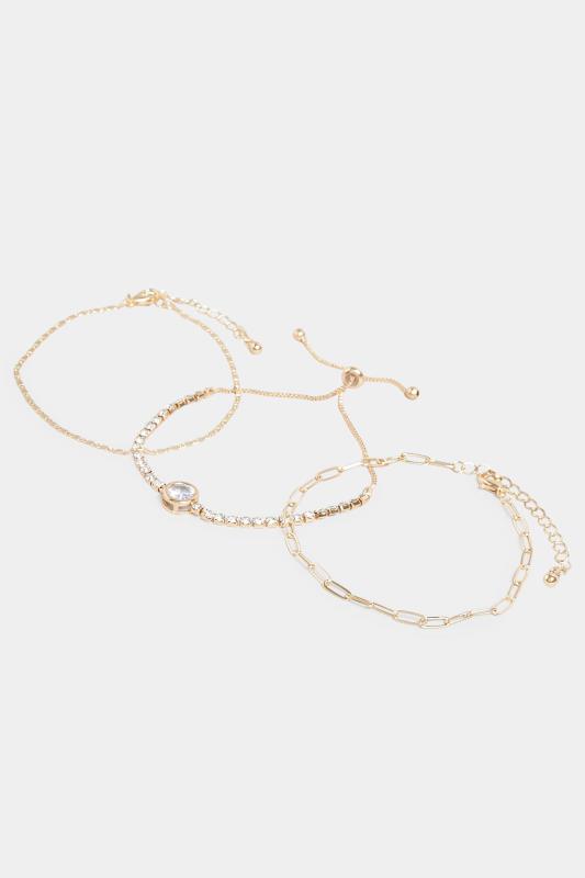 3 PACK Gold Diamante Chain Bracelets | Yours Clothing 2