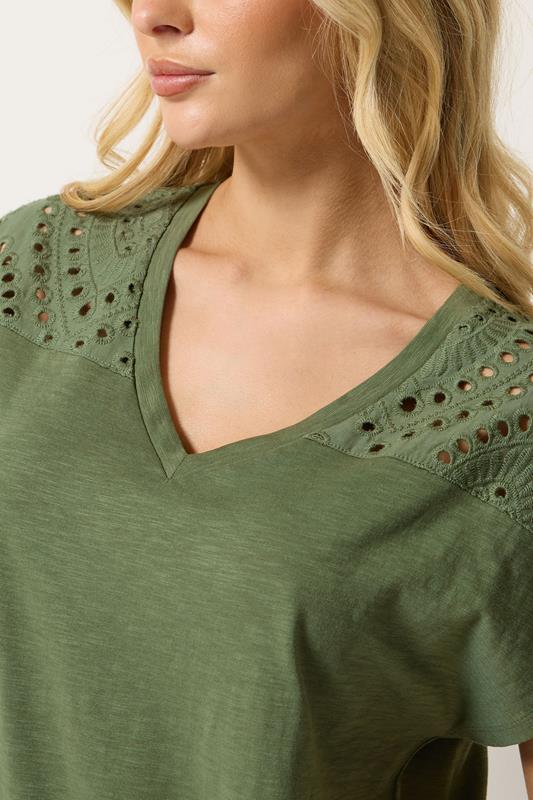 M&Co Khaki Green Broderie V-Neck Cotton T-Shirt | M&Co 4