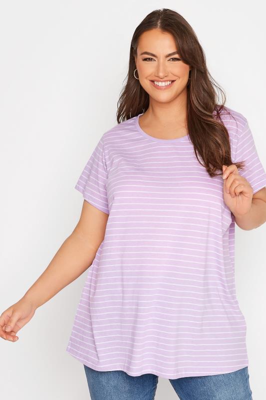 Plus Size Lilac Purple Stripe Short Sleeve T-Shirt | Yours Clothing 1