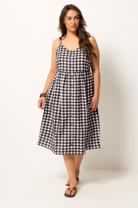 YOURS Plus Size Chocolate Brown Gingham Linen Dress | Yours Clothing 1