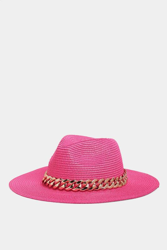 Tall  Yours Hot Pink Straw Chain Fedora Hat