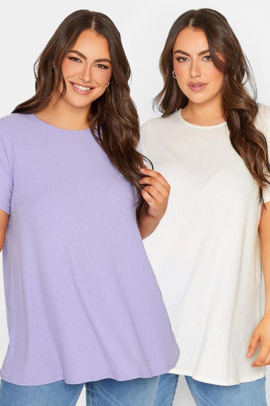 Plus Size  YOURS 2 PACK Curve White & Lilac Ribbed Swing T-Shirts
