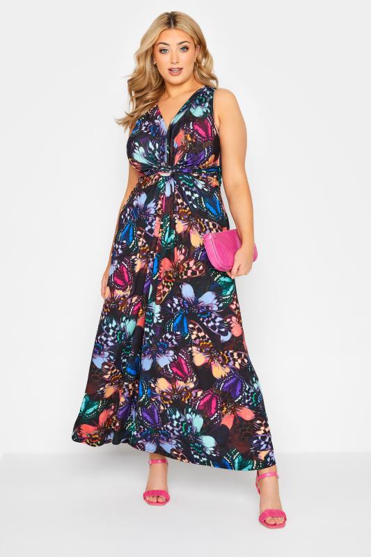  Tallas Grandes YOURS LONDON Curve Black Butterfly Print Knot Front Maxi Dress