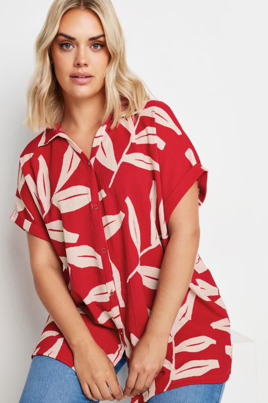 YOURS Plus Size Red Leaf Print Crinkle Short Sleeve Shirt | Yours Clothing 4