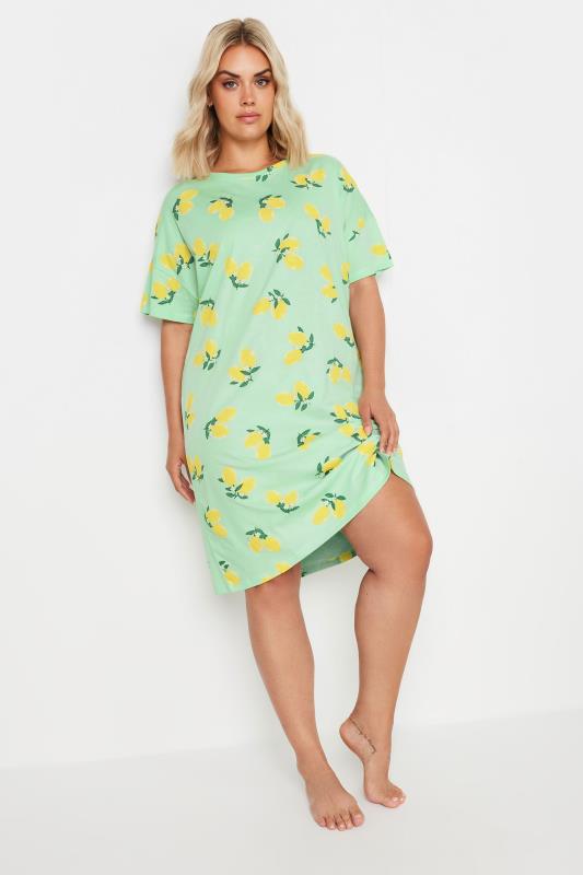 YOURS Plus Size Green Lemon Print Sleep Tee Nightdress | Yours Clothing 3