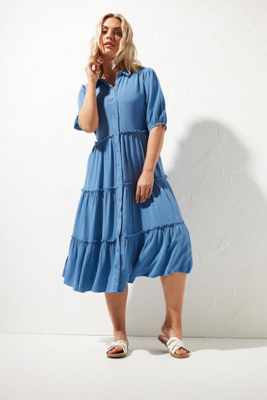 Plus Size  YOURS Curve Blue Midaxi Denim Chambray Shirt Dress