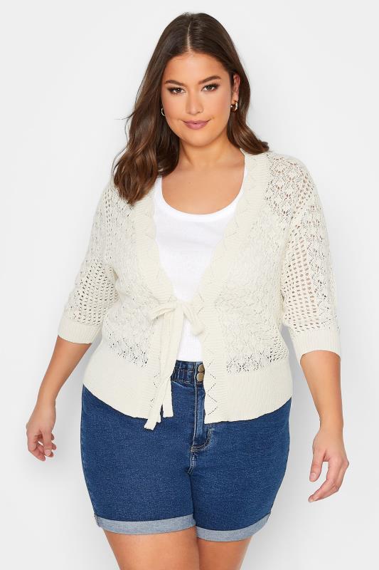 YOURS Plus Size Ivory White Pointelle Tie Up Shrug | Yours Clothing 2