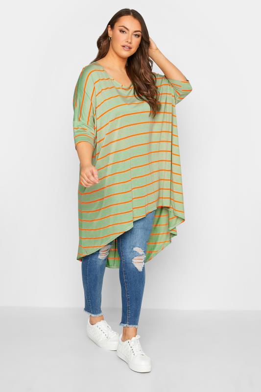 YOURS Plus Size Green Stripe Dipped Hem Tunic Top | Yours Clothing 2