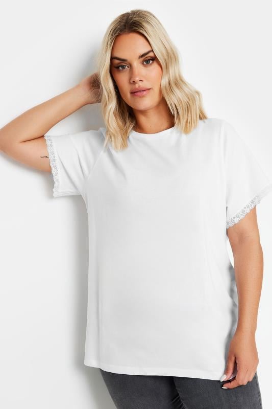 YOURS Plus Size White Lace Trim T-Shirt | Yours Clothing  2