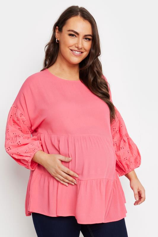 BUMP IT UP MATERNITY Plus Size Pink Broderie Top | Yours Clothing 1