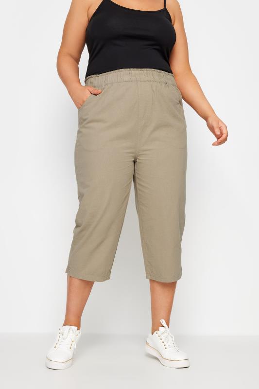  YOURS Curve Beige Brown Cool Cotton Cropped Trousers