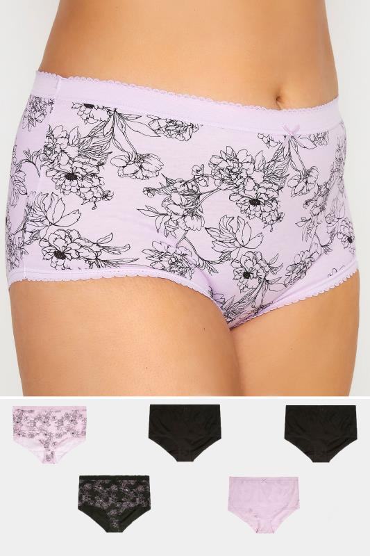 Plus Size 5 PACK Black & Purple Floral Print High Waisted Full Briefs | Yours Clothing 1