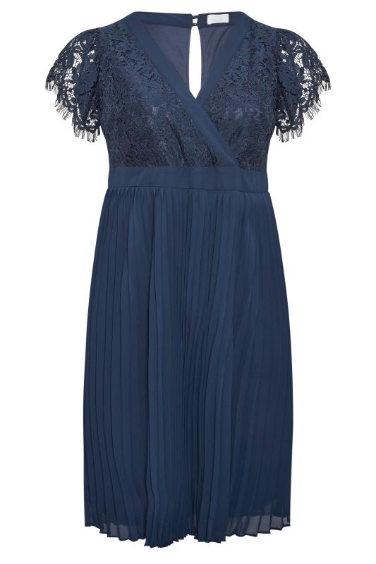 YOURS LONDON Curve Navy Blue Lace Wrap Pleated Midi Dress | Yours Clothing 6