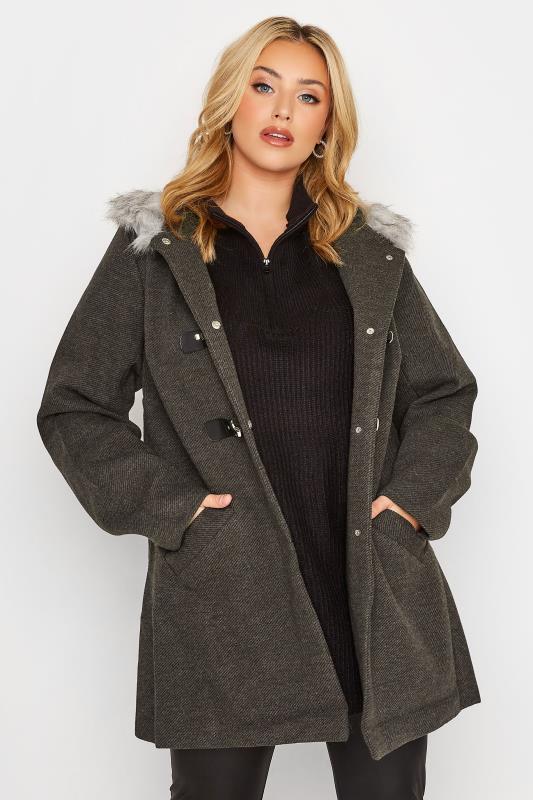 Plus Size Grey Twill Faux Fur Trim Duffle Coat | Yours Clothing 4
