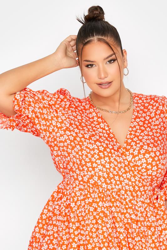LIMITED COLLECTION Plus Size Women's Orange Ditsy Wrap Dress | Yours Clothing 4