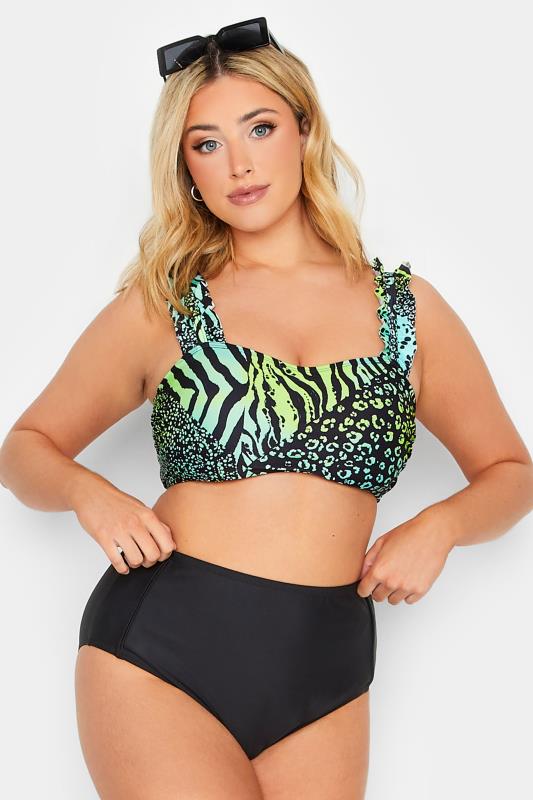 YOURS Curve Plus Size Green Animal Print Frill Sleeves Bikini Top | Yours Clothing  1