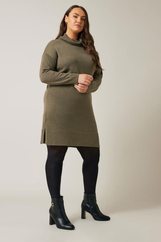 Evans Khaki Green Knitted Roll Neck Jumper Dress 1